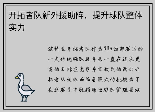 开拓者队新外援助阵，提升球队整体实力